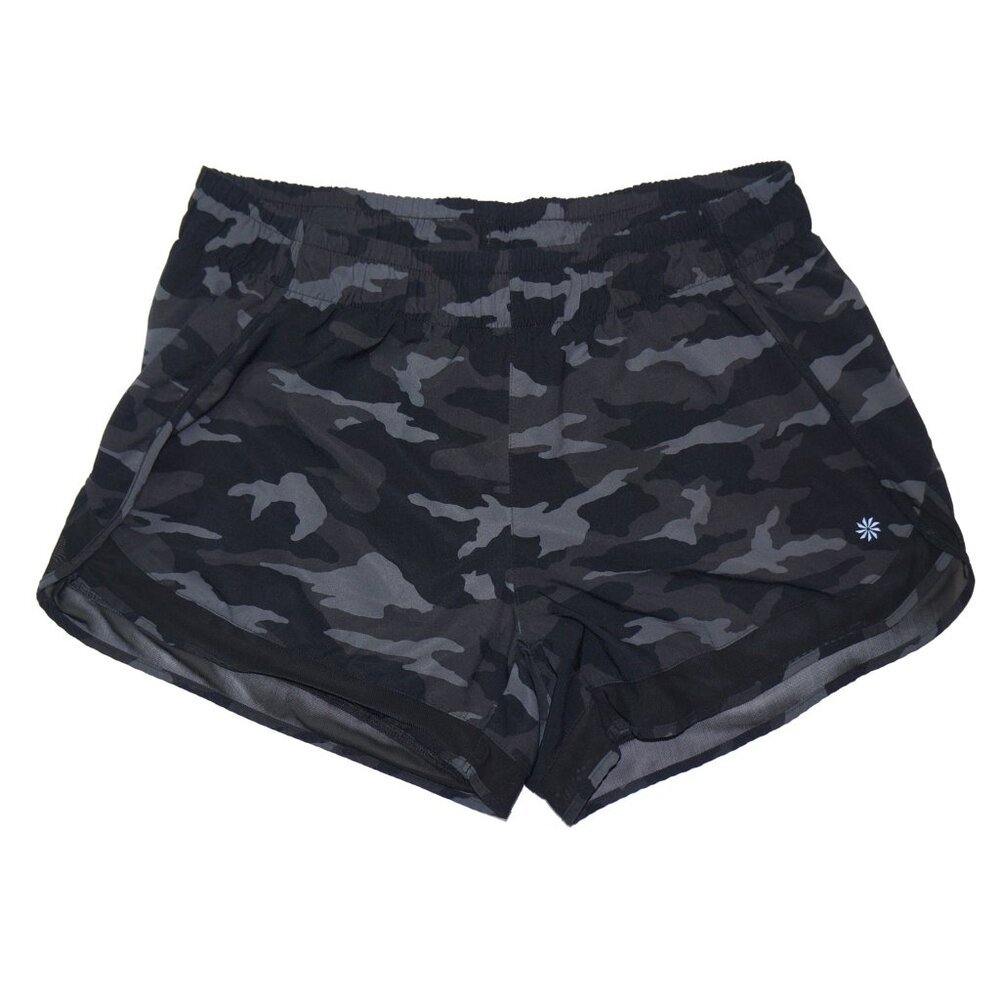 ATHLETA Womens 4” Black/Gray Camo Printed Mesh Racer Run Shorts Sz L